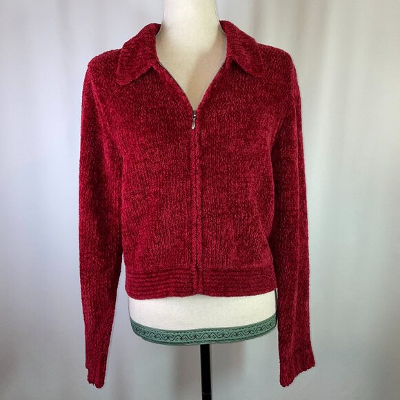 Merona Sweaters - Merona Size M Chenille Cardigan Sweater Long Sleeves Zipper Front Maroon Red